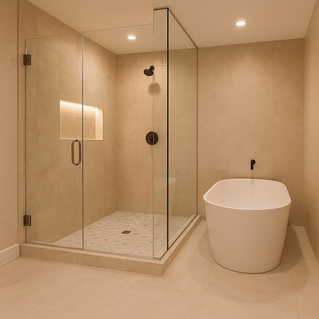 Spa bathroom with mosaic marble hex shower floor and porcelain main floor tile