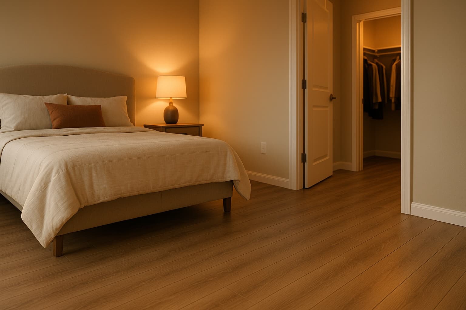Bedroom with 12mm laminate plank flooring in warm walnut tone