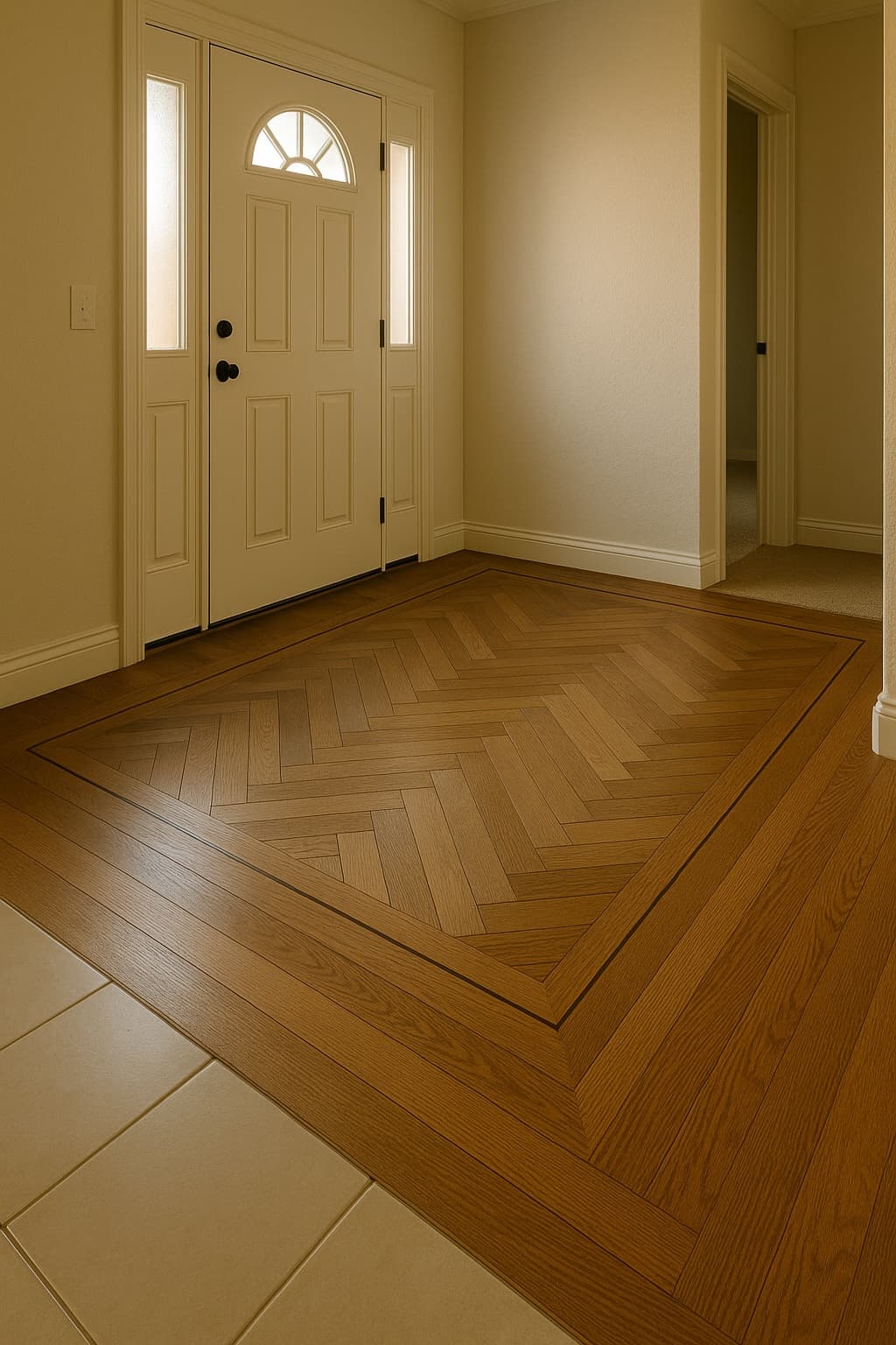 Entry hall with engineered hardwood in herringbone with border inlay