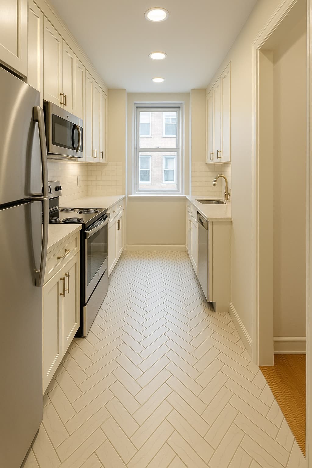 Galley kitchen with 3x12 porcelain herringbone floor tile