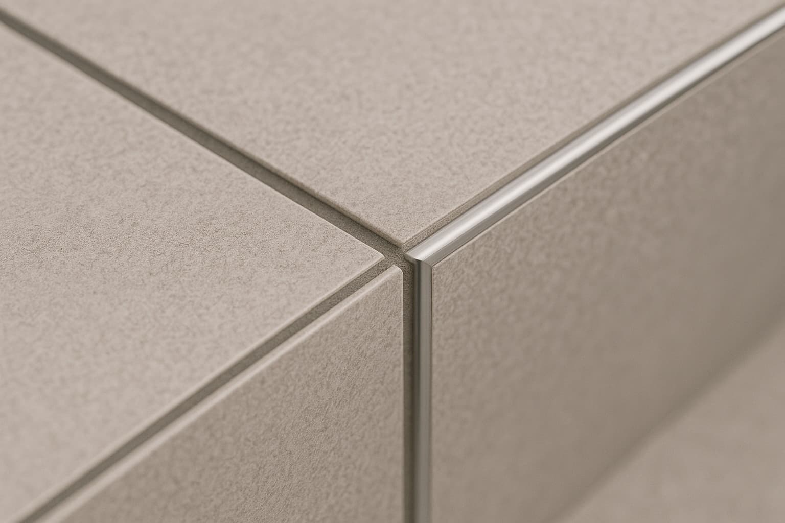 Macro detail of porcelain tile corner with grout and schluter edge trim