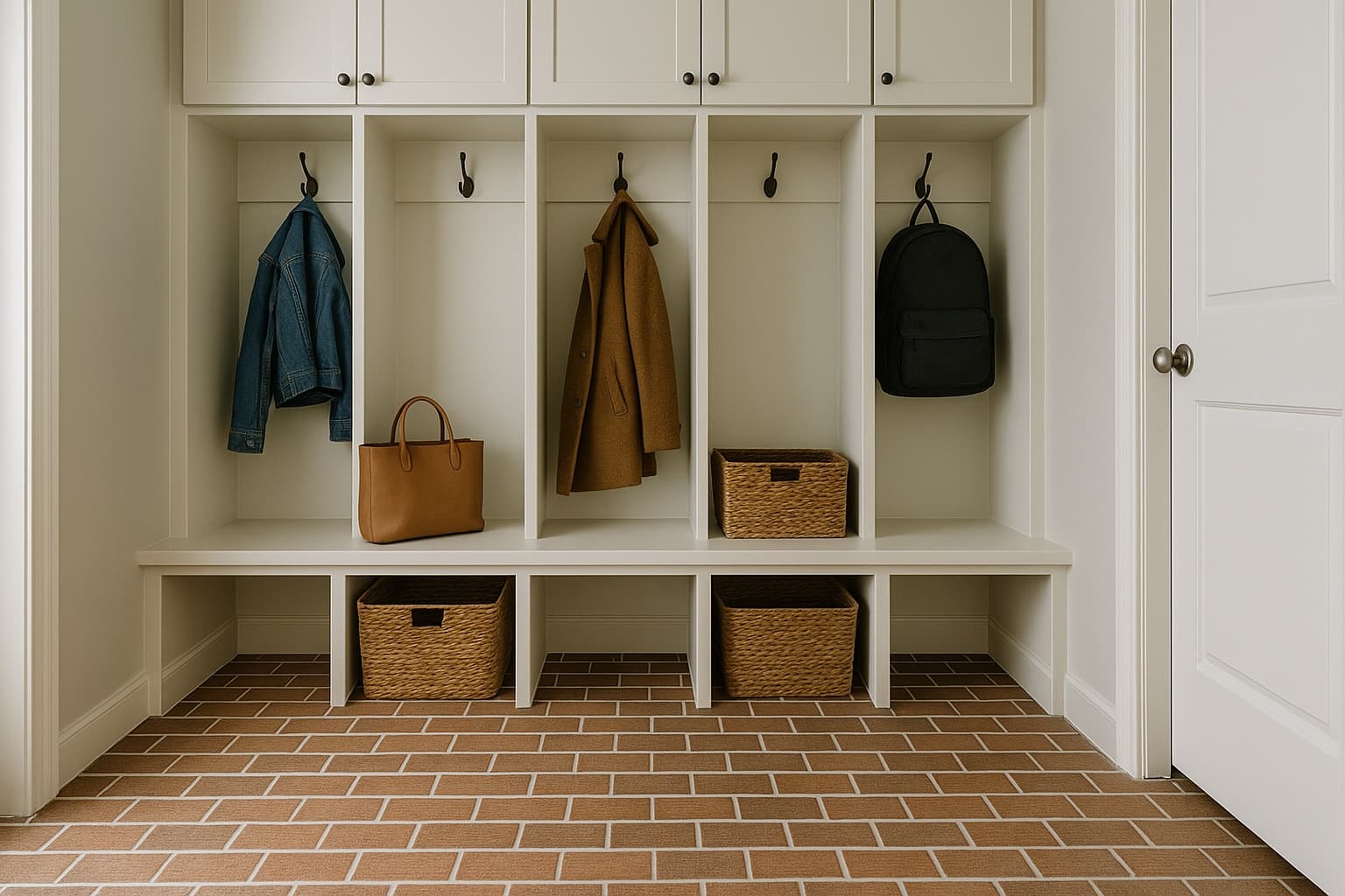 Mudroom with porcelain brick tile in running bond pattern
