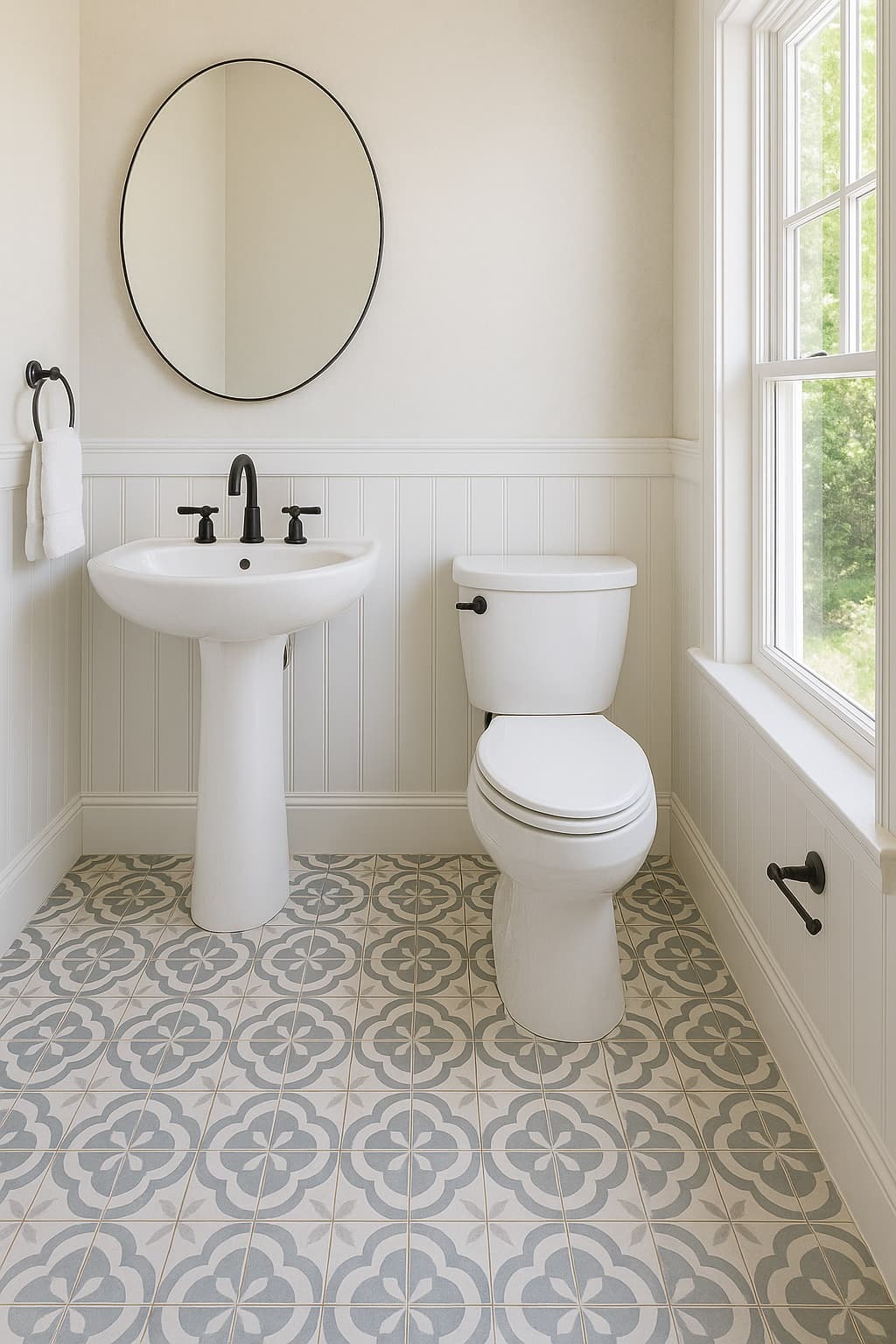 Powder room with patterned encaustic-look ceramic tile floor